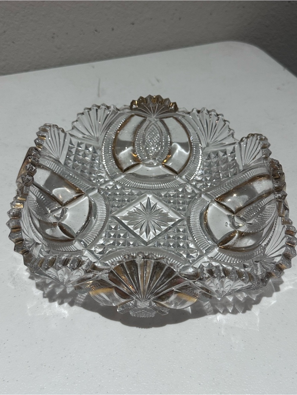 Cut glass gold trim candy dish serving dish bowl 8”